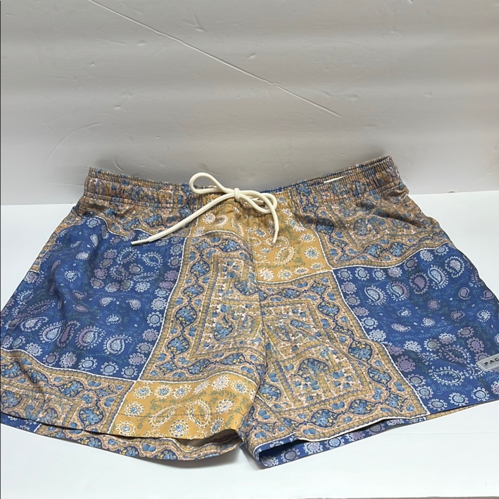 PacSun Blue and Yellow Board Shorts with Drawstring Waist: L-15”
